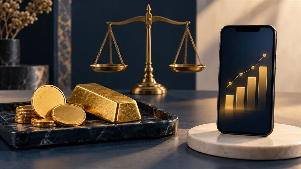 تصویری مفهومی از مقایسه طلای فیزیکی، تلفن همراه و ترازوی تعادل